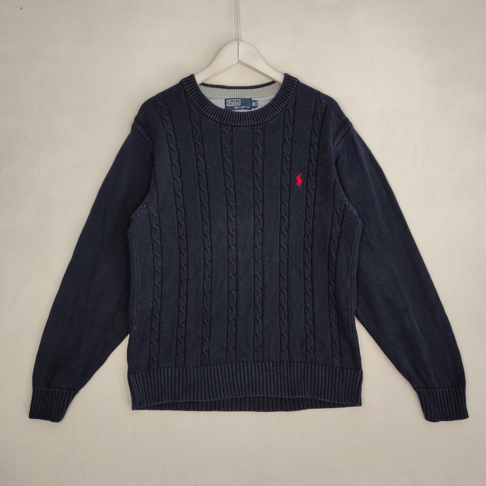 Polo Ralph Lauren Mens Navy Blue Cable Knit Cotton Crew Neck Sweater Size M